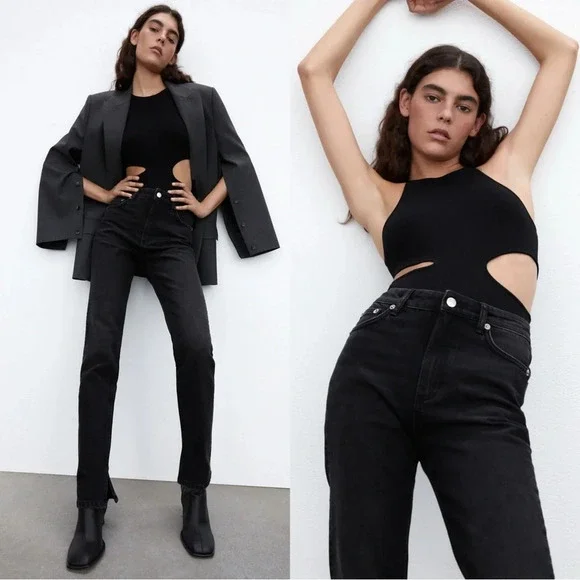 Zara Split Hem Slim Jeans Black High-Rise Full Length Straight Leg Size 6 - Picture 2 of 16